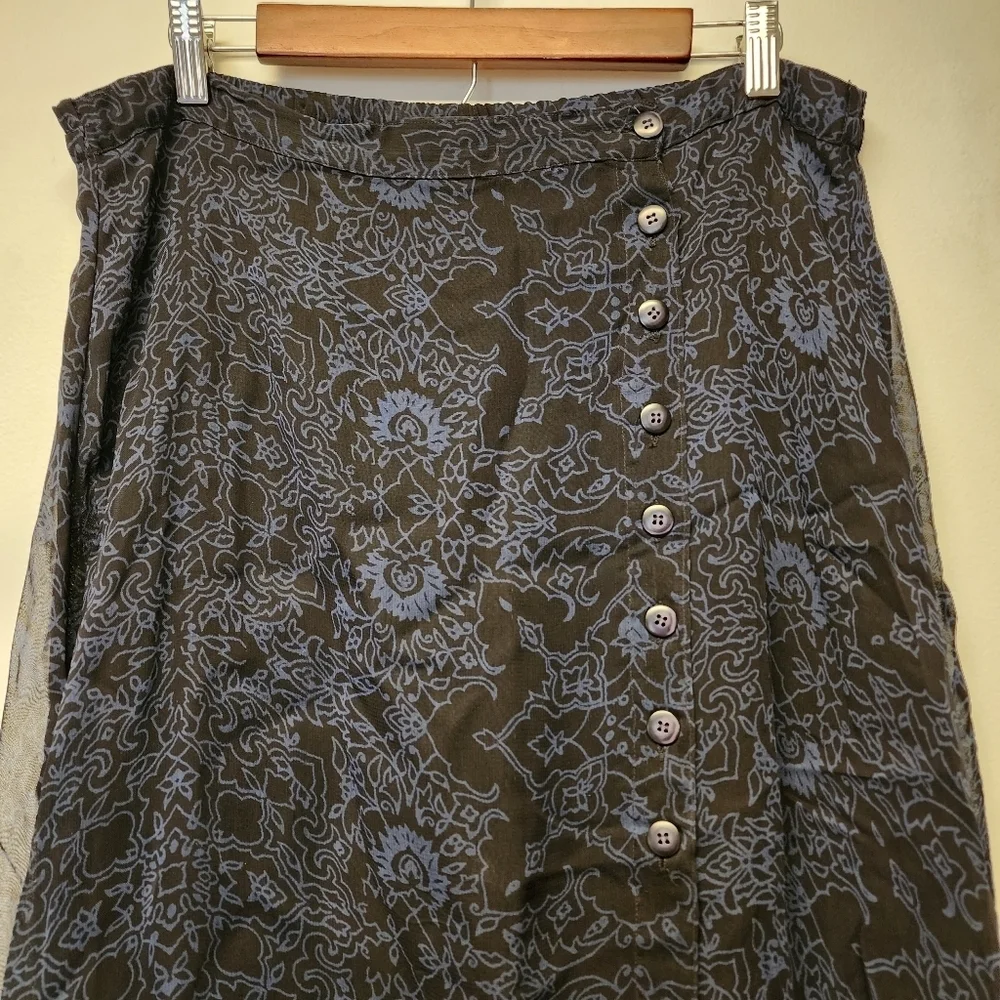 Vintage Revue Black Rayon Midi Skirt Button Down Front Slit 90s Whimsigoth Size